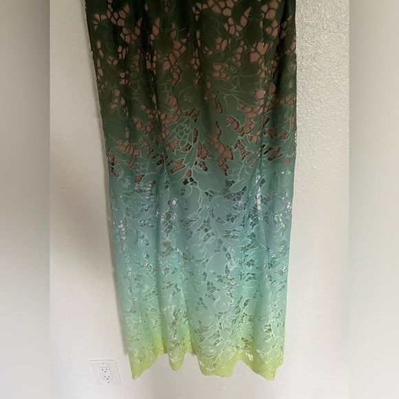 Anthropologie Eliatt Green/Blue Ombre One-Shoulder Sheer Lace Side-Slit Dress - Picture 9 of 10